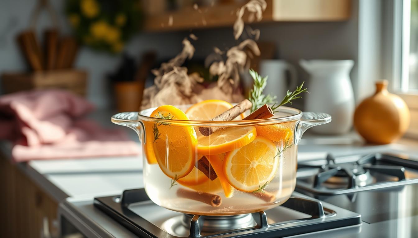A simmer pot with citrus slices, cinnamon sticks, and fresh herbs on a stovetop making a home smell amazing all day