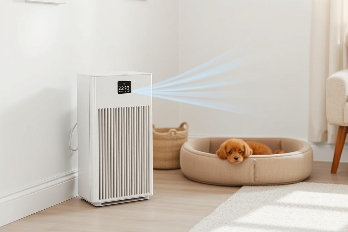Air purifier next to a pet bed in a living room helping maintain fresh air