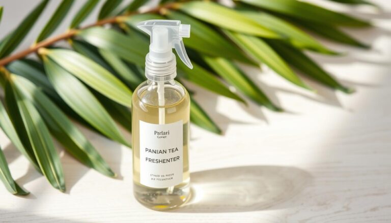 Bottle of pandan tea air freshener next to fresh pandan leaves