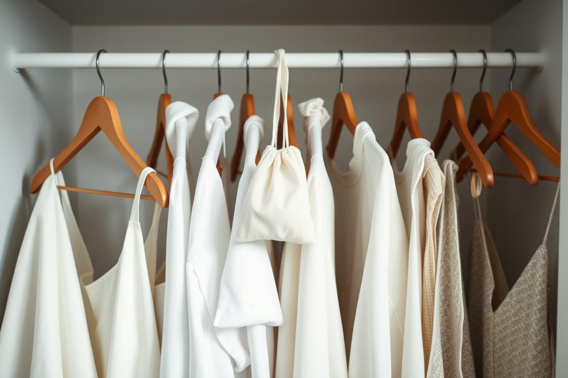 Elegantly styled closet with linen sachets hanging from wooden hangers among clothing