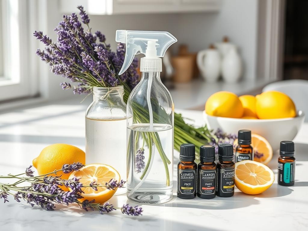 Homemade room spray with essential oils in a glass bottle with fresh lavender sprigs