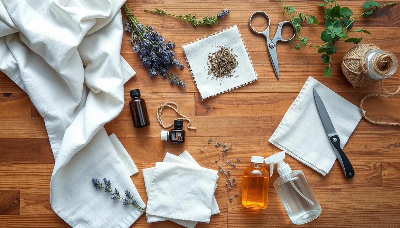 Ingredients for DIY linen air freshener recipes laid out on a wooden table including essential oils, dried herbs, and linen fabric