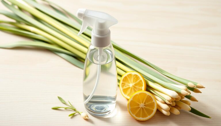 Lemongrass air freshener spray bottle next to fresh lemongrass stalks