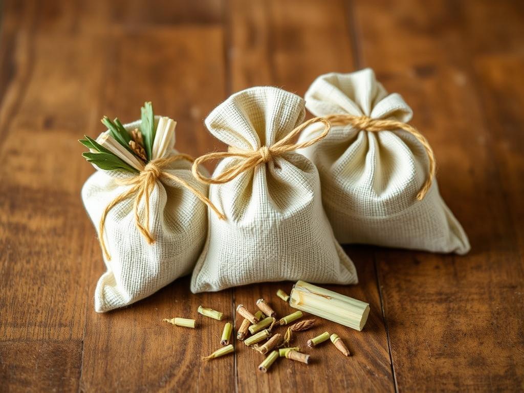 Lemongrass scented sachets in small fabric bags
