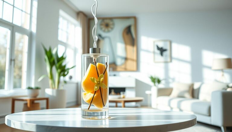 Melon and vanilla air freshener product displayed in a bright, airy living room