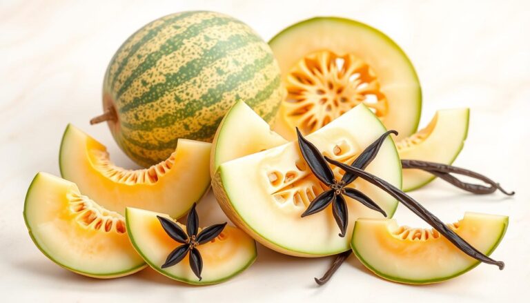 Melon and vanilla ingredients for air freshener showing fresh melon slices next to vanilla pods