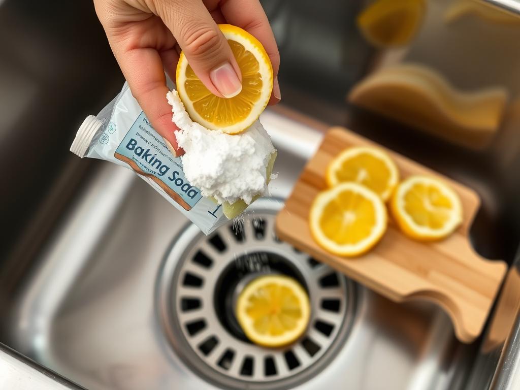 Person cleaning a garbage disposal with lemon and baking soda to eliminate odors