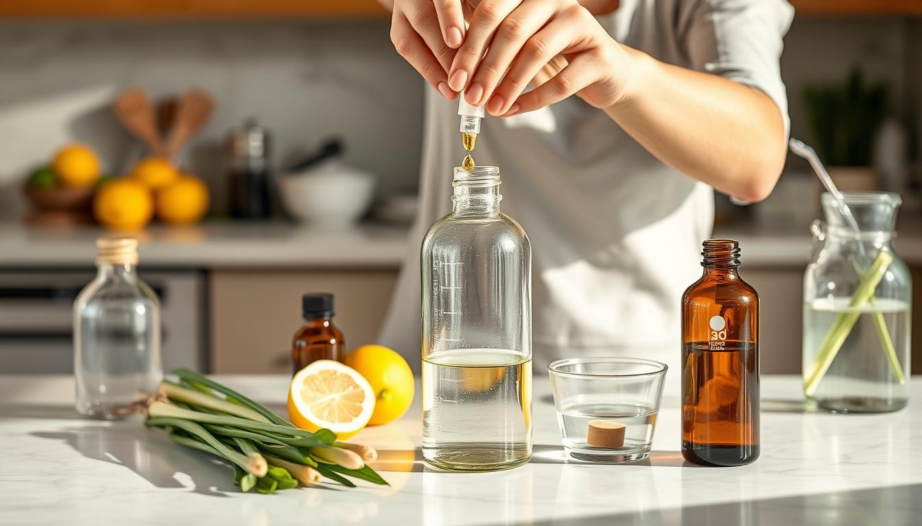 Person making DIY lemongrass air freshener at home