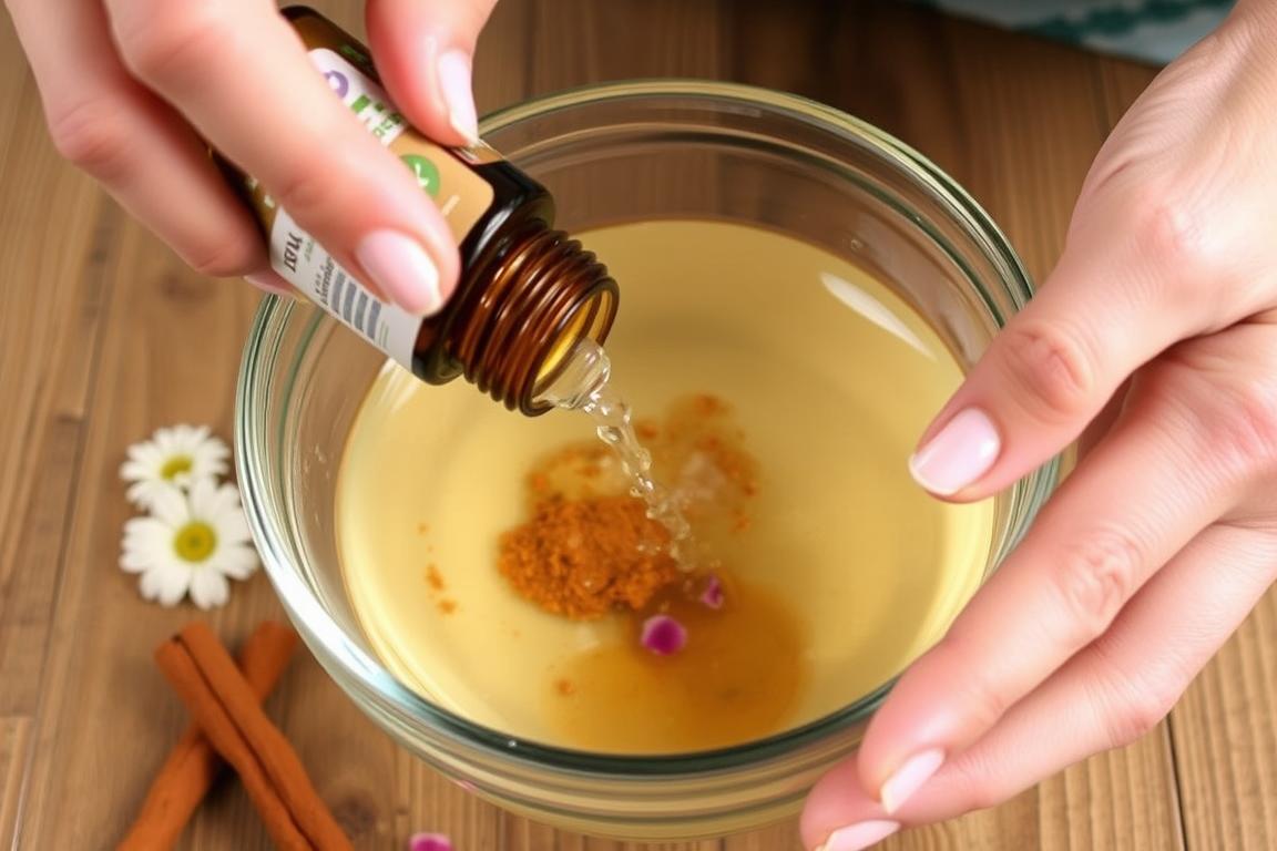 Person mixing DIY cinnamon flower air freshener ingredients