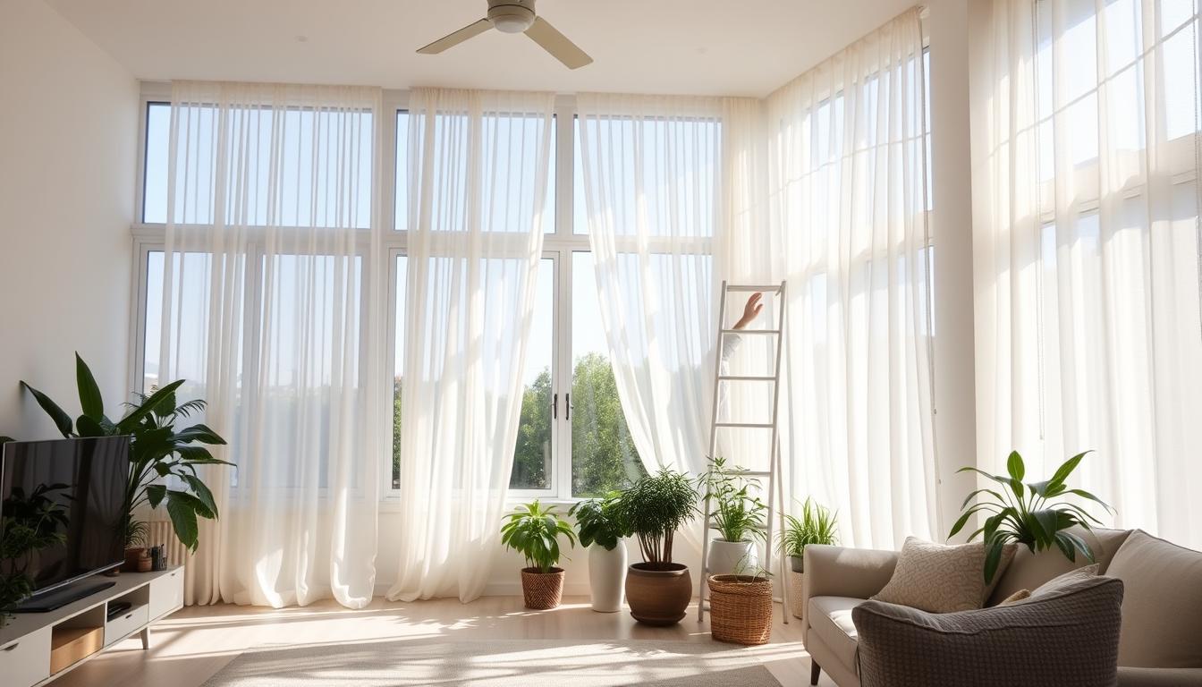 Person opening windows to ventilate a bright, clean living room to make it smell amazing