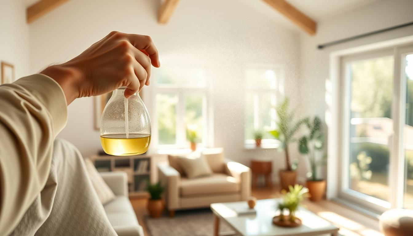 Person spraying lemongrass air freshener in a bright living room