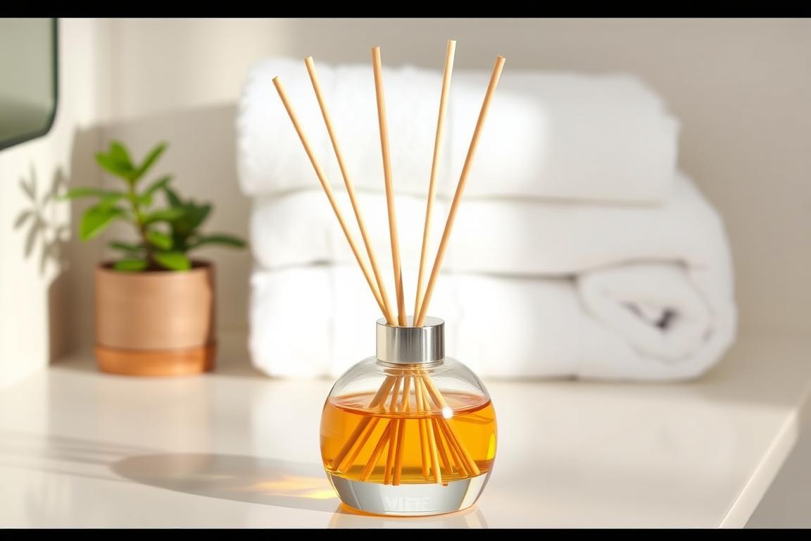 Reed diffuser with essential oils on a bathroom counter making the space smell amazing all day