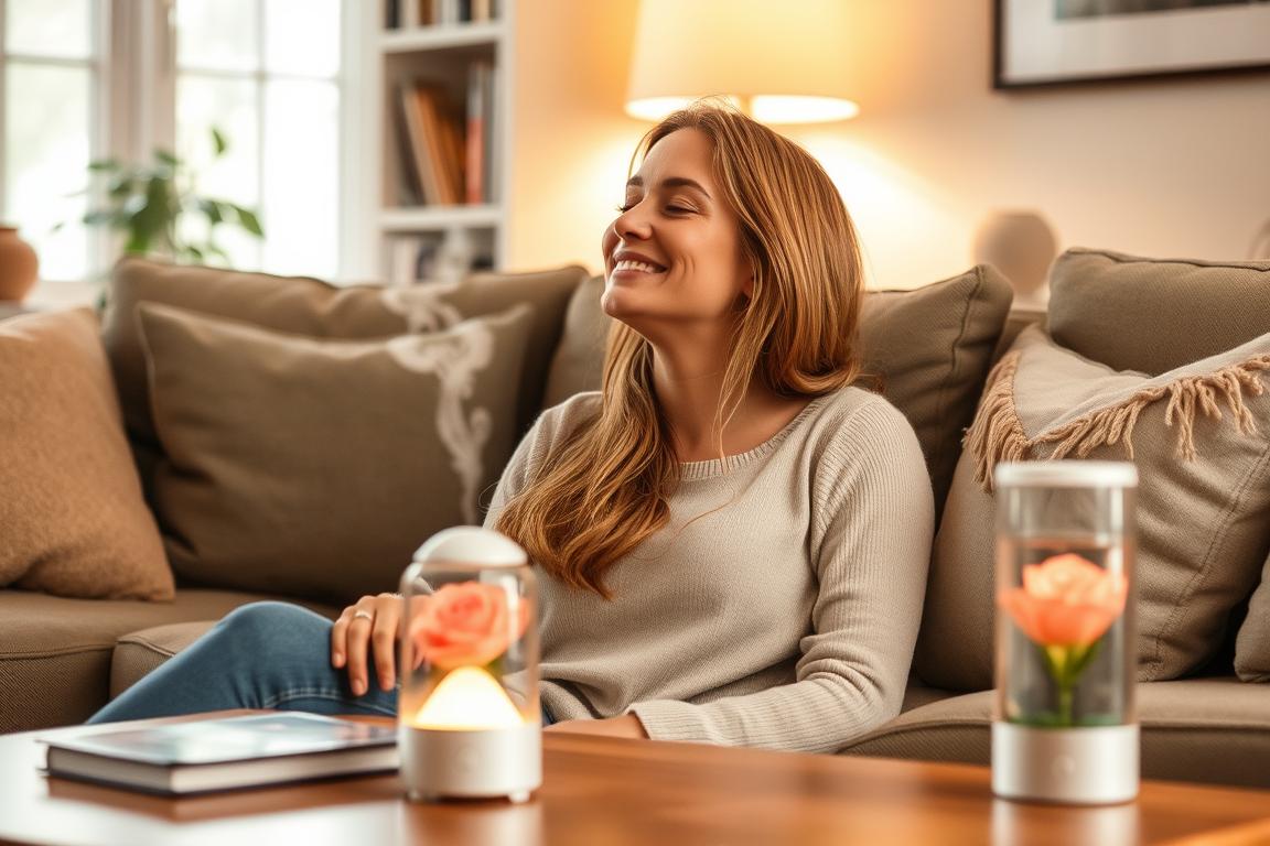 Woman enjoying the scent of Romantic Rose Air Freshener in her living room